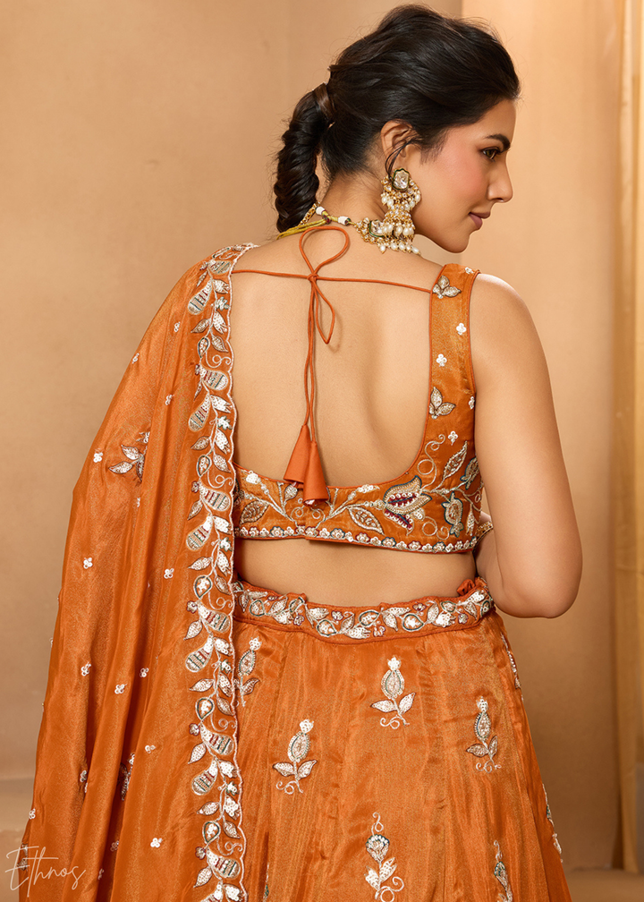 Tangerine Orange Floral Zari Embroidered Tissue Lehenga Choli