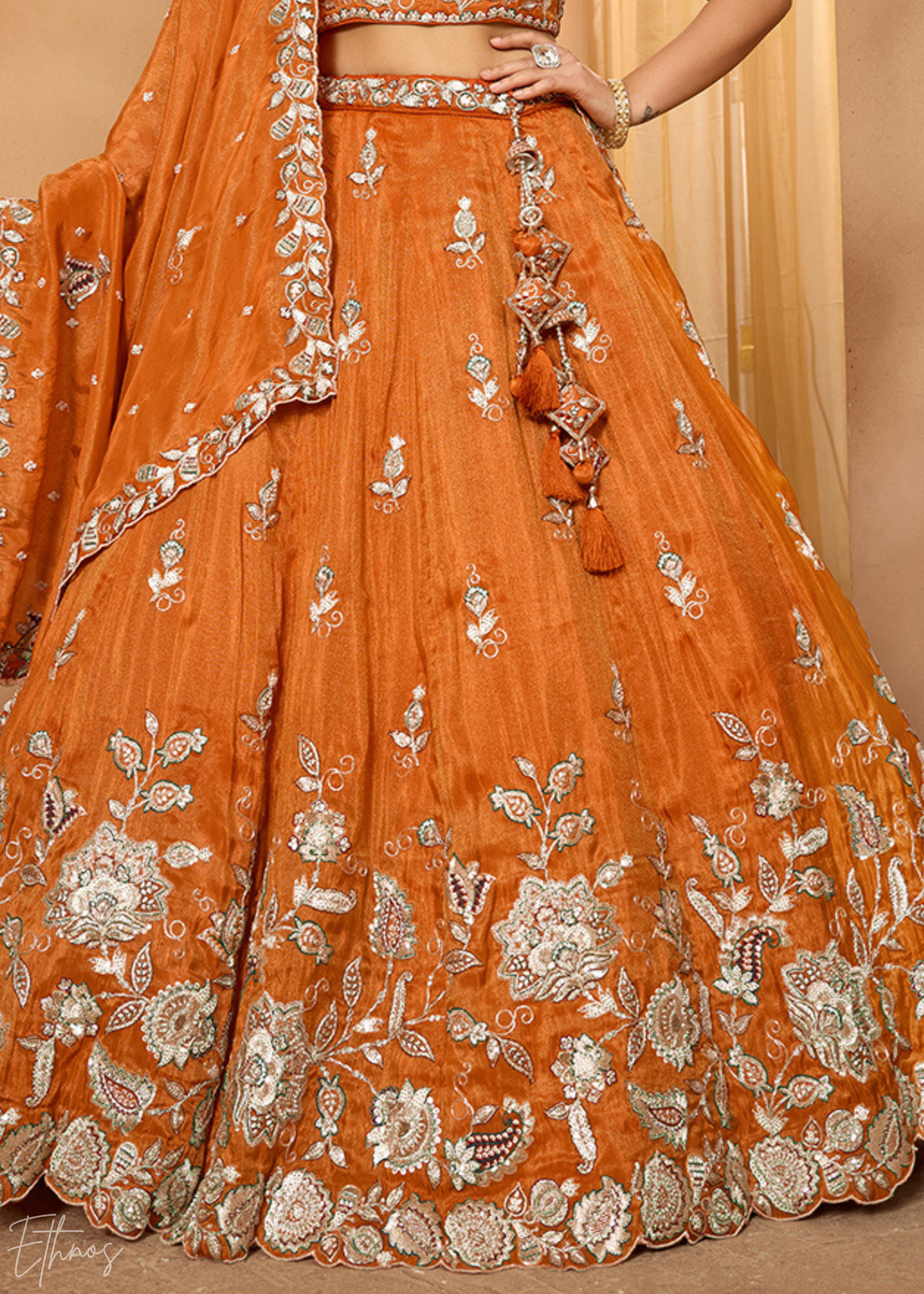Tangerine Orange Floral Zari Embroidered Tissue Lehenga Choli