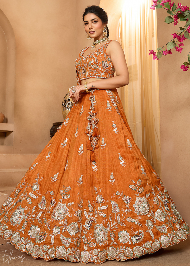 Tangerine Orange Floral Zari Embroidered Tissue Lehenga Choli