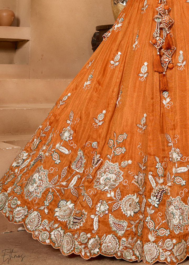Tangerine Orange Floral Zari Embroidered Tissue Lehenga Choli