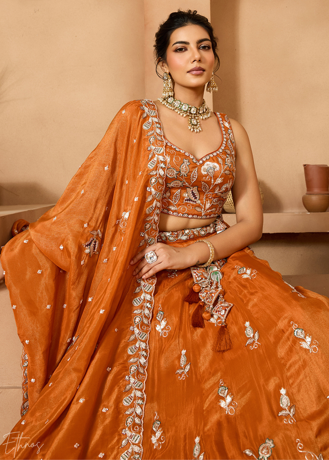 Tangerine Orange Floral Zari Embroidered Tissue Lehenga Choli