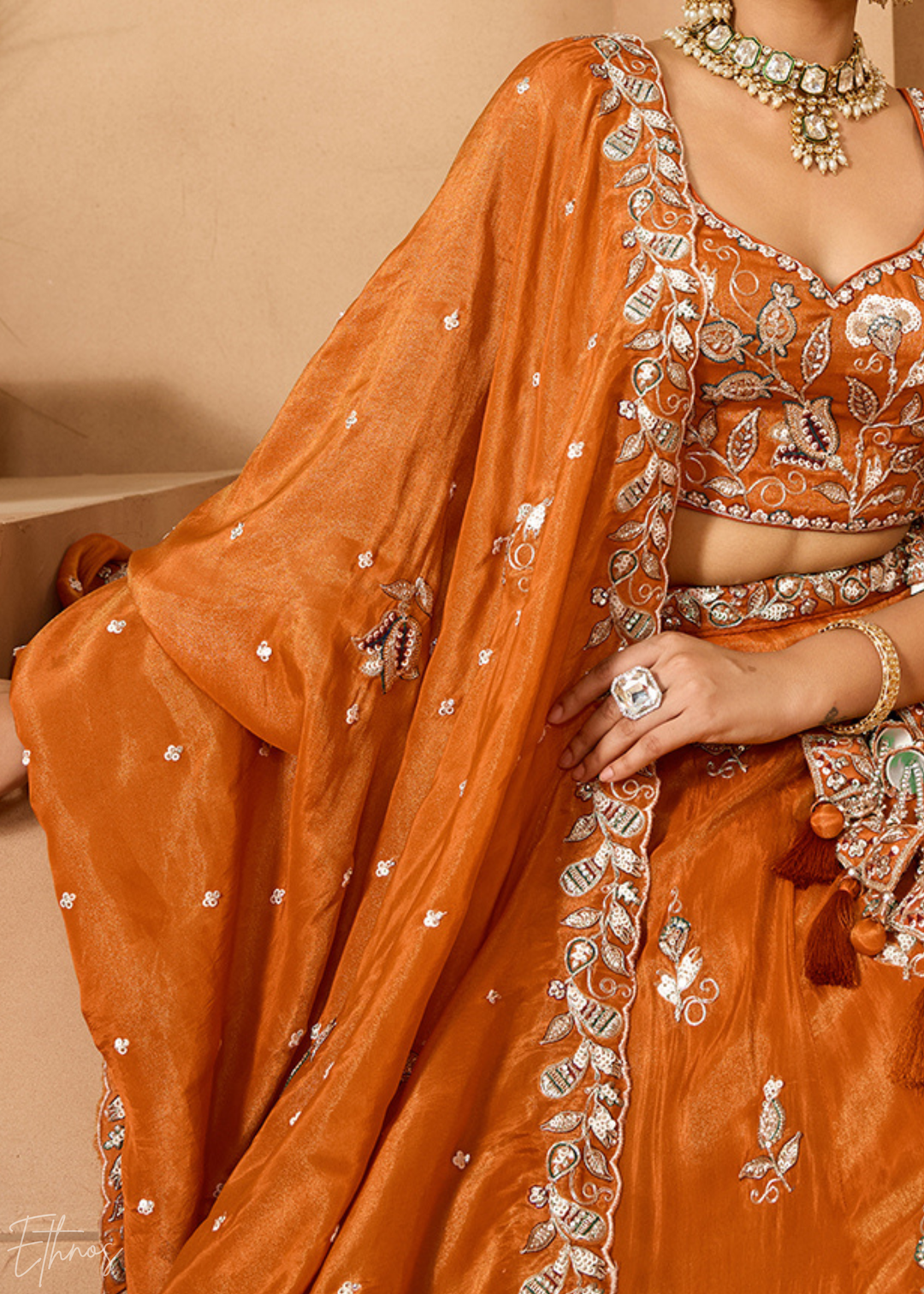 Tangerine Orange Floral Zari Embroidered Tissue Lehenga Choli