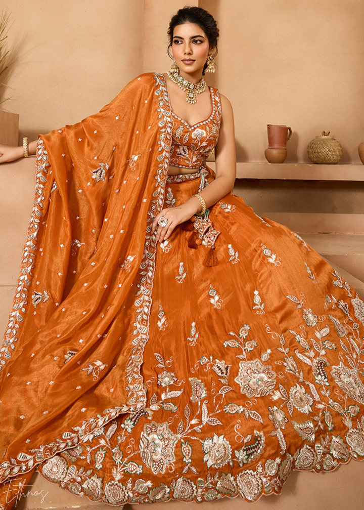 Tangerine Orange Floral Zari Embroidered Tissue Lehenga Choli