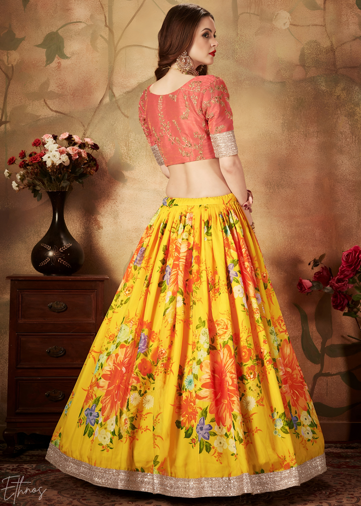 Tangerine Orange Garden Floral Printed Organza Lehenga