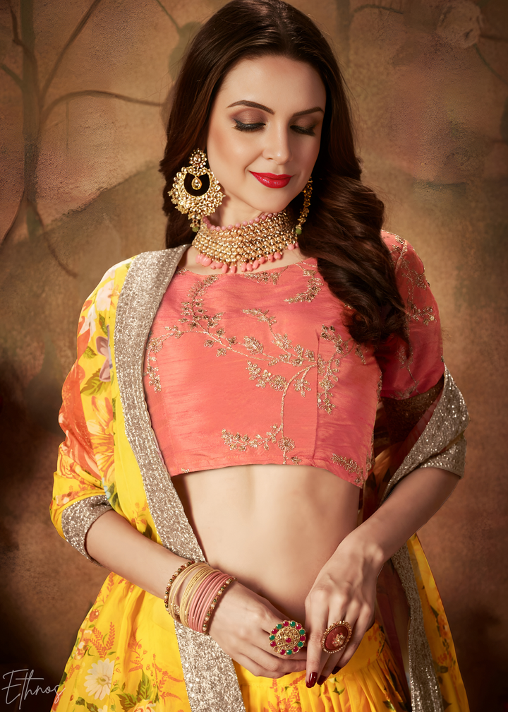 Tangerine Orange Garden Floral Printed Organza Lehenga