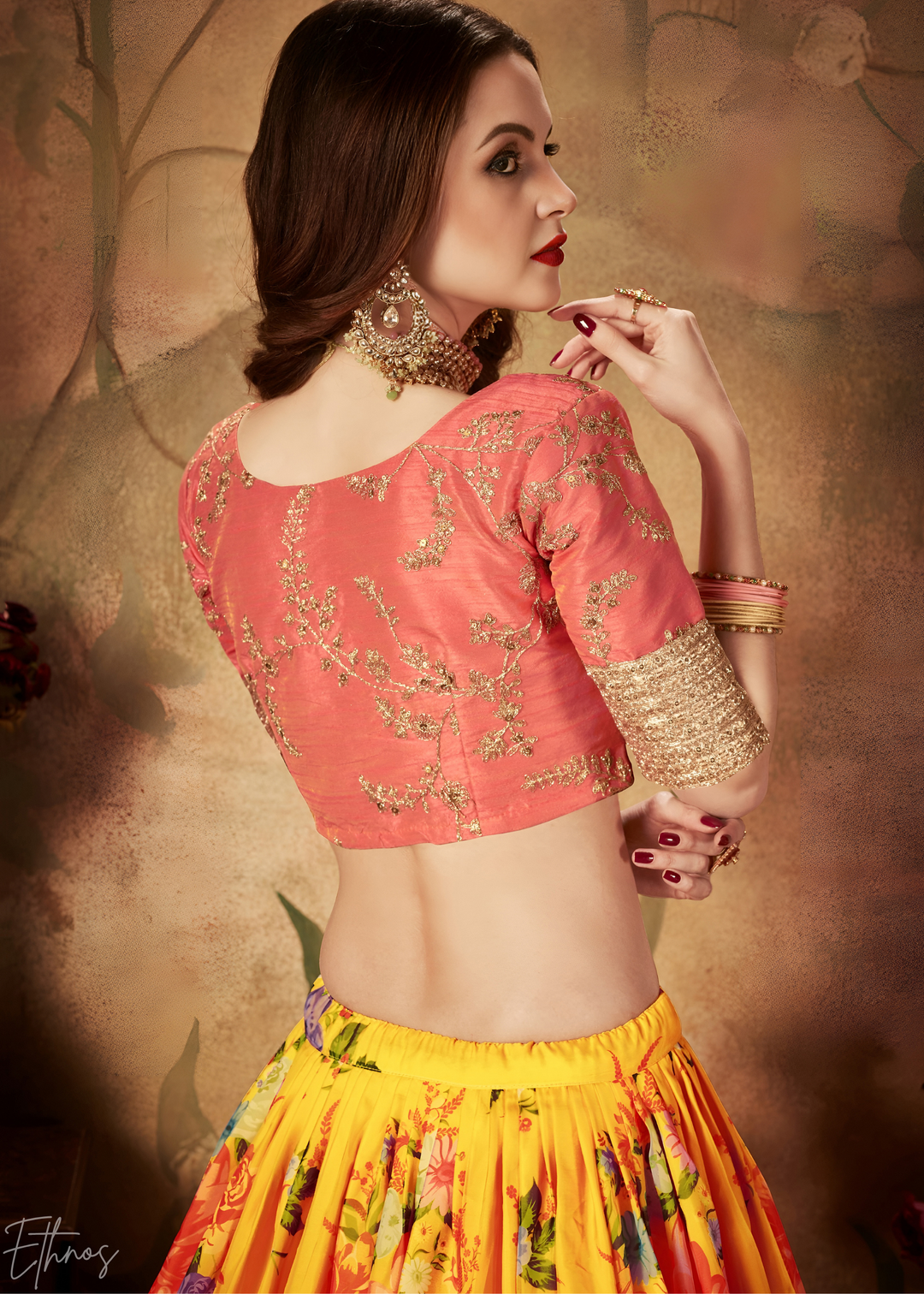 Tangerine Orange Garden Floral Printed Organza Lehenga
