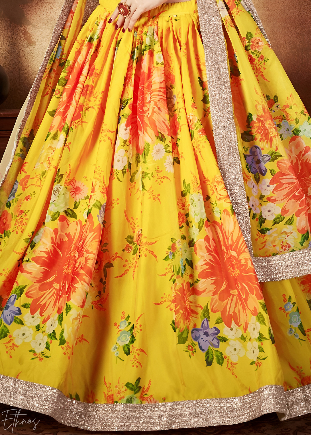 Tangerine Orange Garden Floral Printed Organza Lehenga