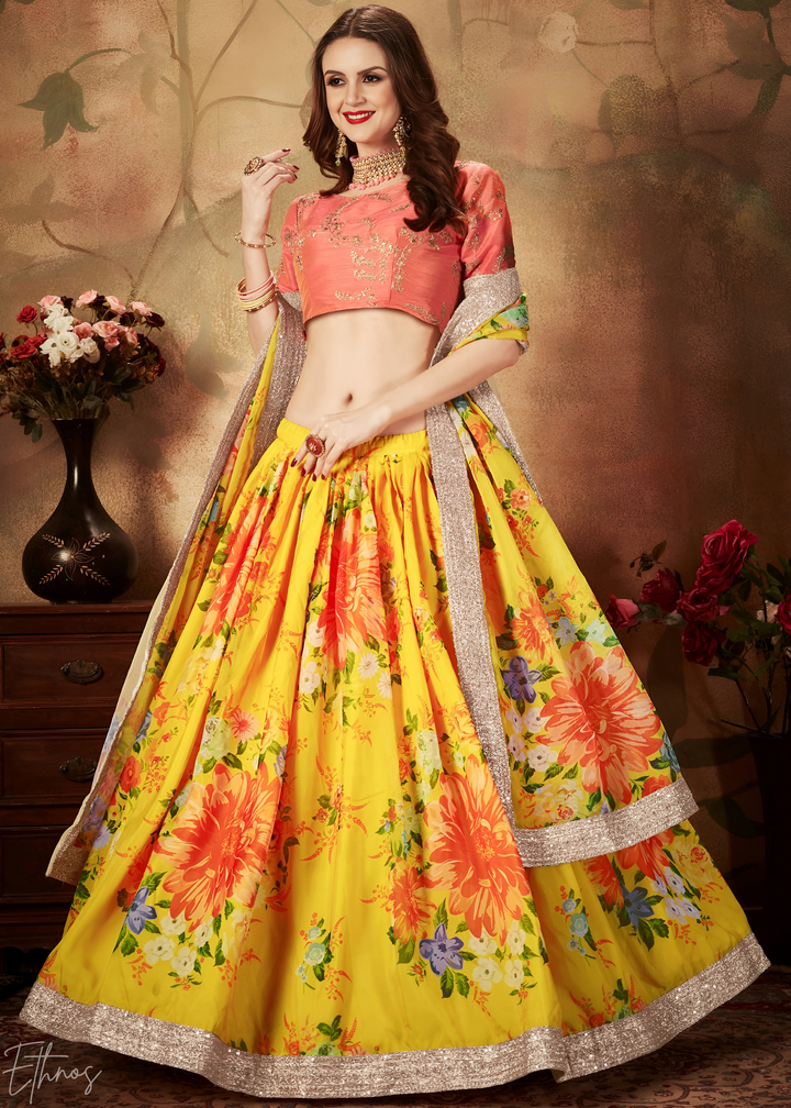 Tangerine Orange Garden Floral Printed Organza Lehenga