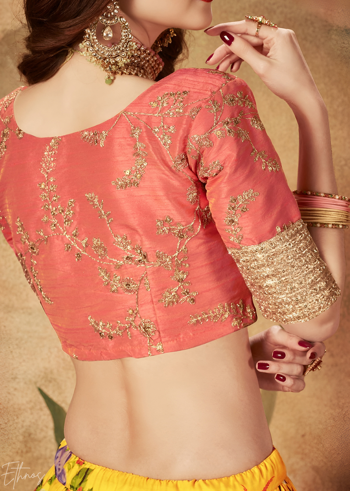 Tangerine Orange Garden Floral Printed Organza Lehenga
