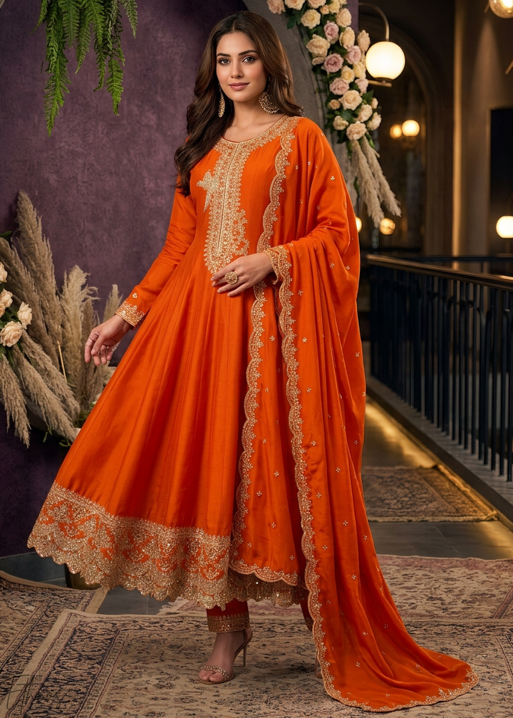 Tangerine Orange Neckline Border Embroidered Silk Anarkali Suit Set