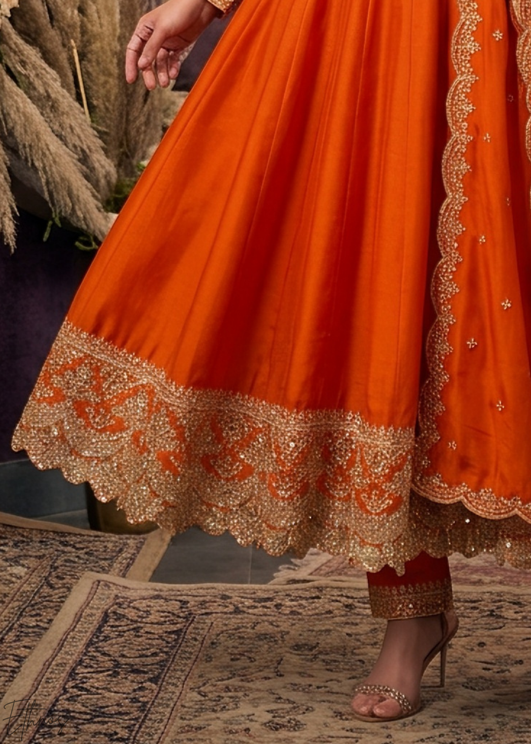 Tangerine Orange Neckline Border Embroidered Silk Anarkali Suit Set