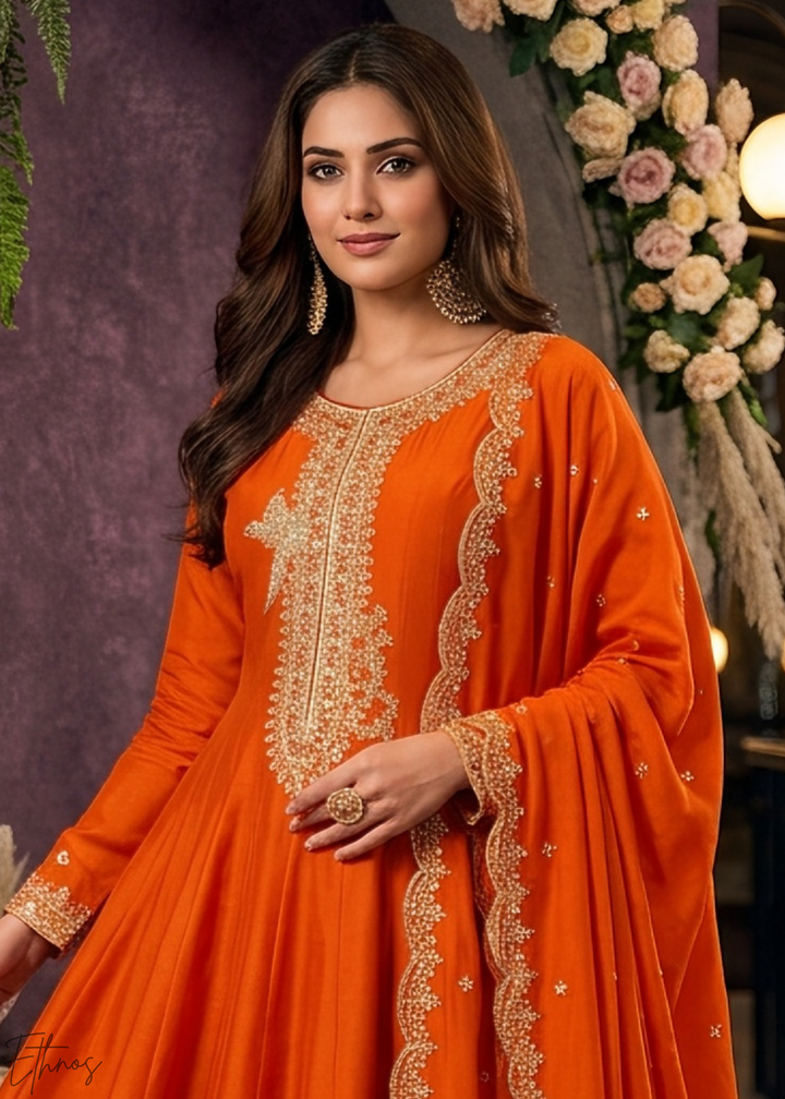 Tangerine Orange Neckline Border Embroidered Silk Anarkali Suit Set