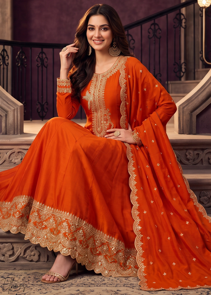 Tangerine Orange Neckline Border Embroidered Silk Anarkali Suit Set
