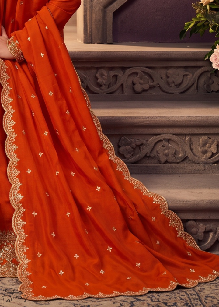 Tangerine Orange Neckline Border Embroidered Silk Anarkali Suit Set