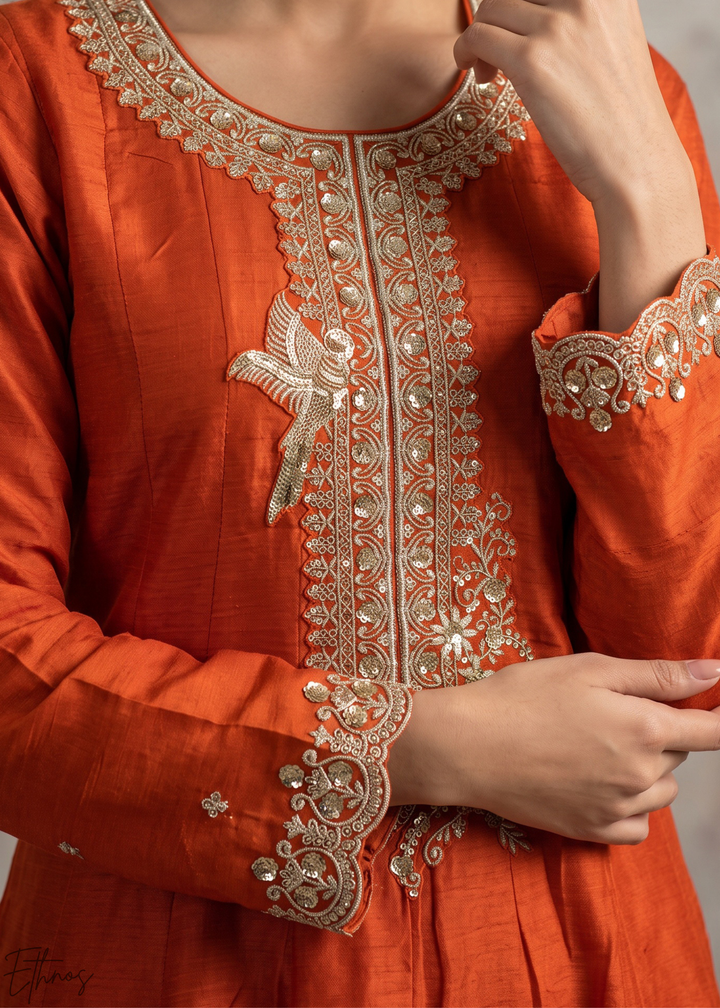 Tangerine Orange Neckline Border Embroidered Silk Anarkali Suit Set