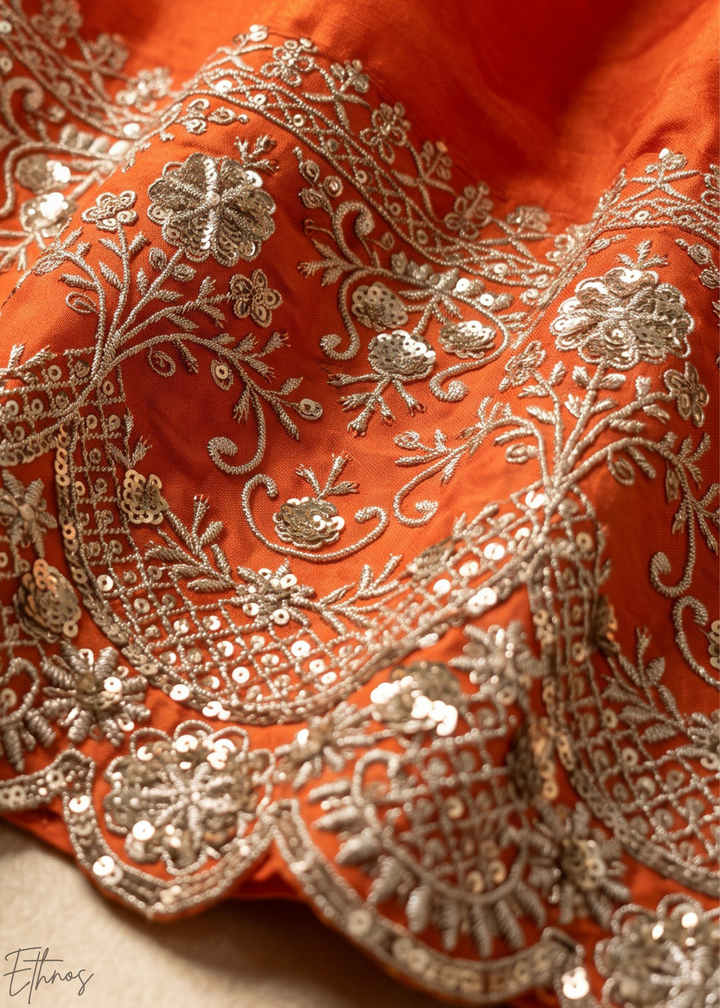 Tangerine Orange Neckline Border Embroidered Silk Anarkali Suit Set