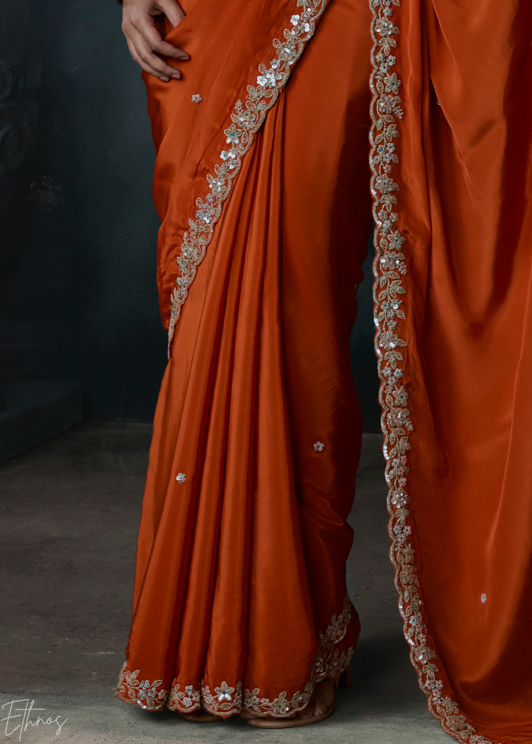 Tangerine Orange Gilded Border Organza Silk Saree