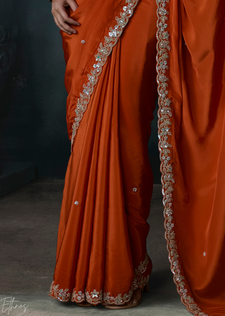 Tangerine Orange Gilded Border Organza Silk Saree