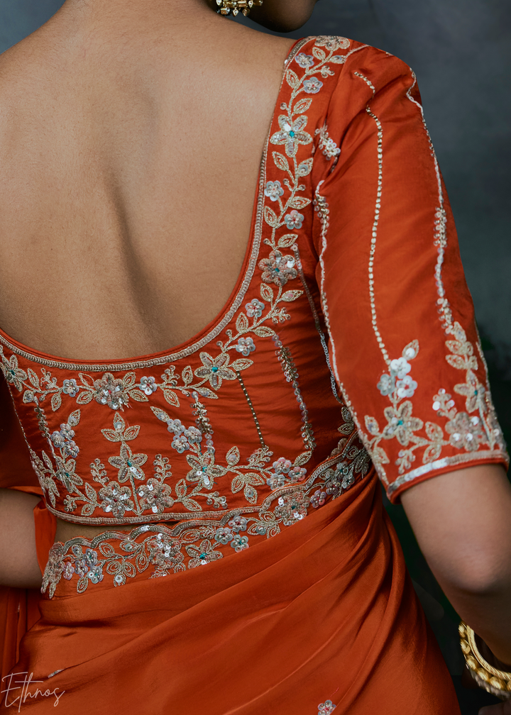 Tangerine Orange Gilded Border Organza Silk Saree