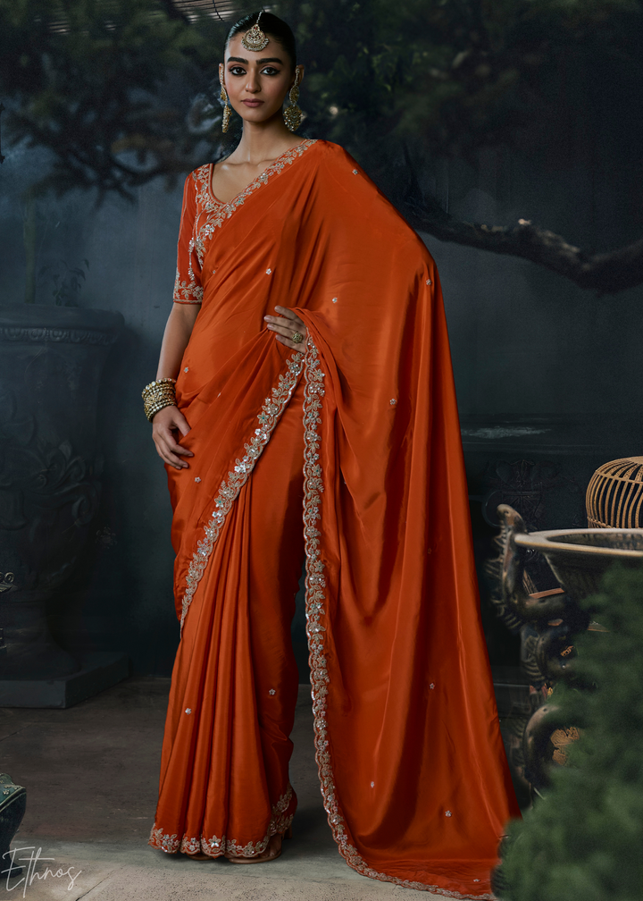 Tangerine Orange Gilded Border Organza Silk Saree