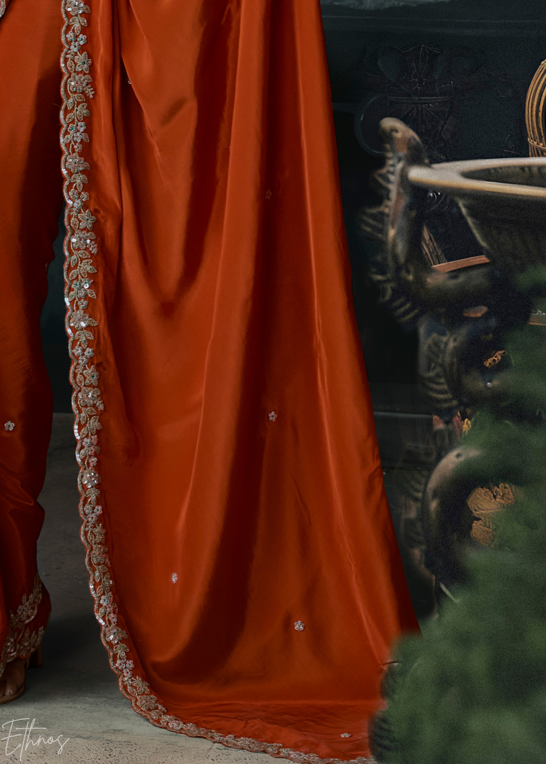 Tangerine Orange Gilded Border Organza Silk Saree