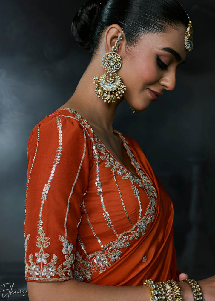 Tangerine Orange Gilded Border Organza Silk Saree