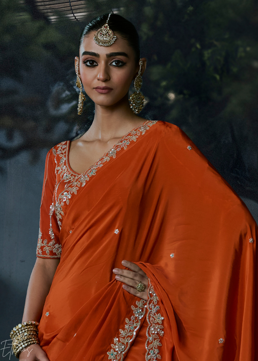 Tangerine Orange Gilded Border Organza Silk Saree
