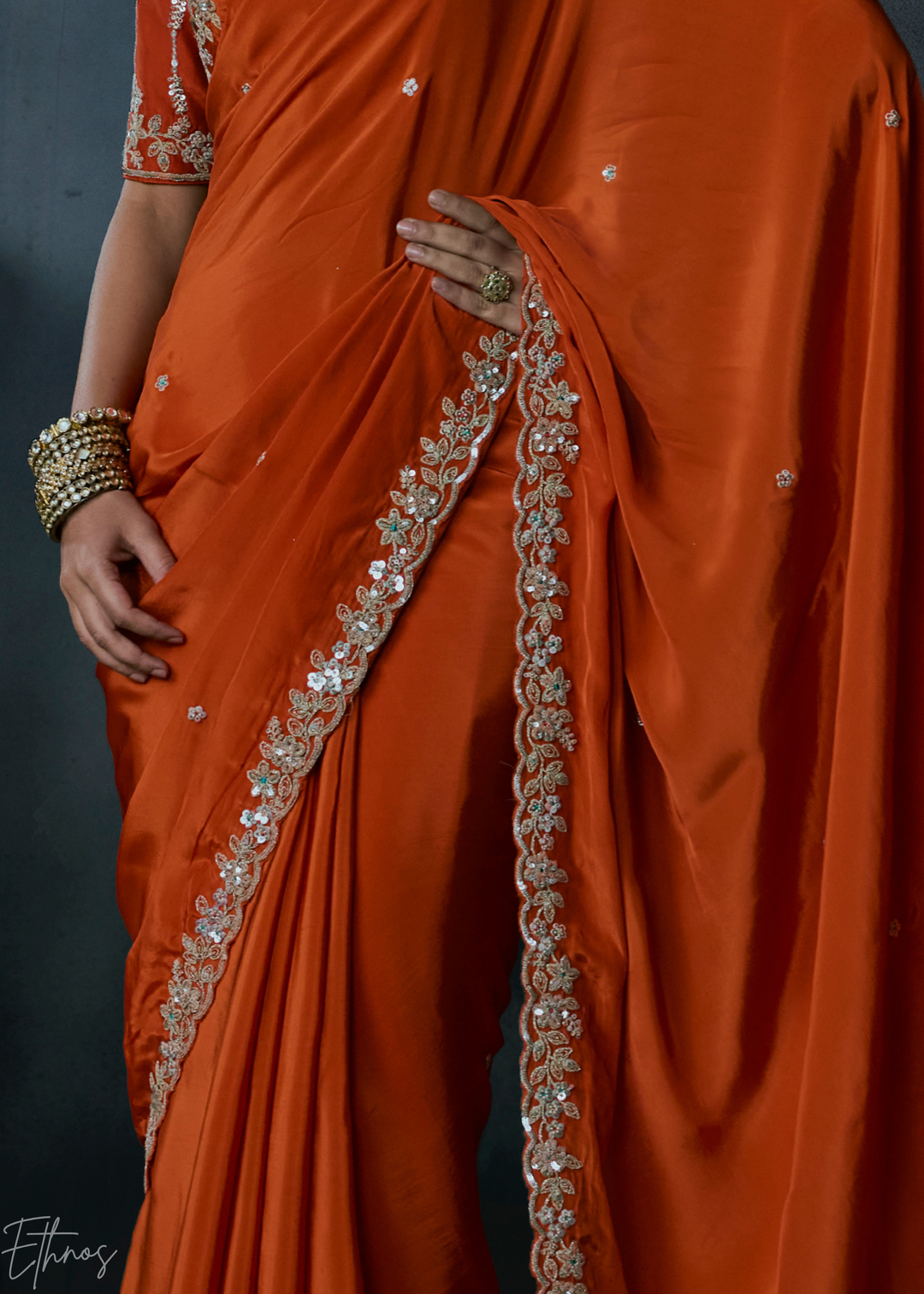 Tangerine Orange Gilded Border Organza Silk Saree