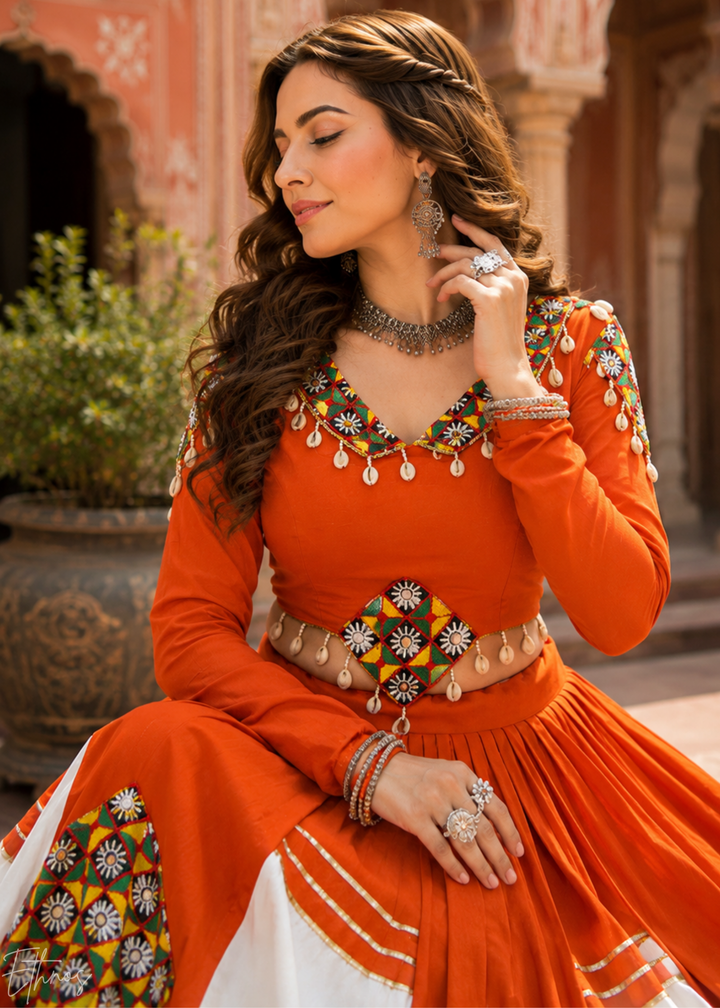 Tangerine Orange and White Patched Mirror Work Rayon Lehenga Choli