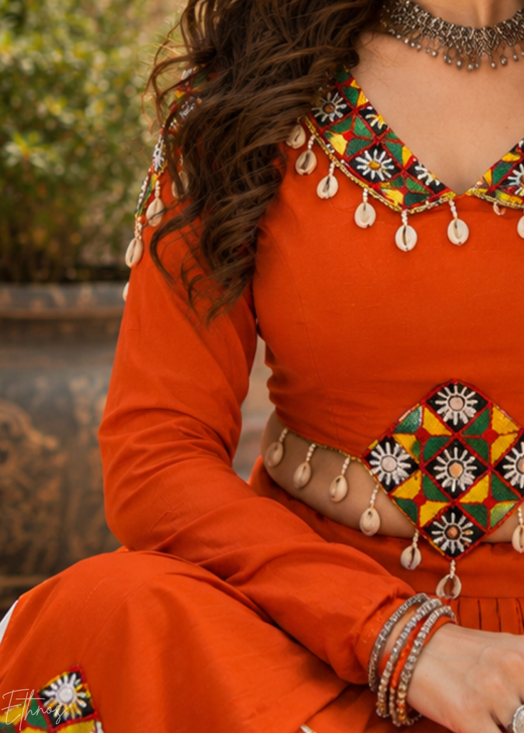 Tangerine Orange and White Patched Mirror Work Rayon Lehenga Choli