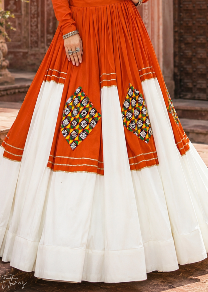 Tangerine Orange and White Patched Mirror Work Rayon Lehenga Choli
