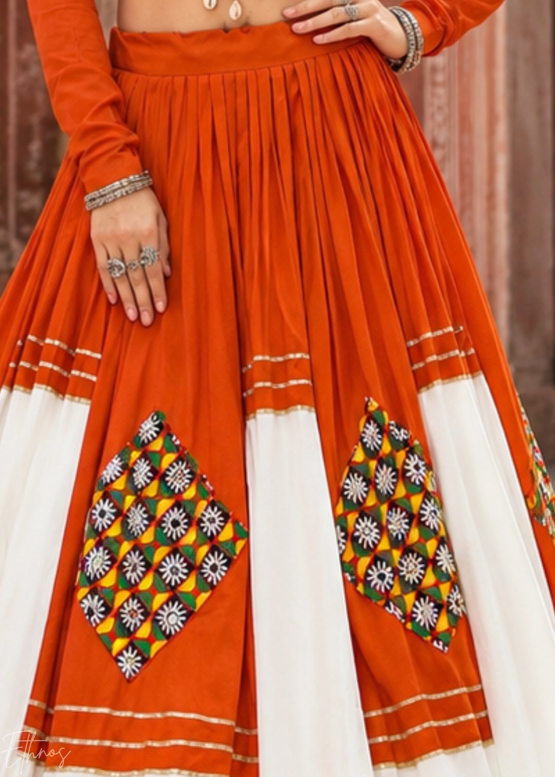 Tangerine Orange and White Patched Mirror Work Rayon Lehenga Choli