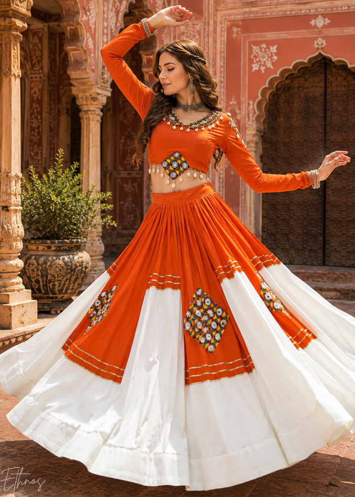 Tangerine Orange and White Patched Mirror Work Rayon Lehenga Choli