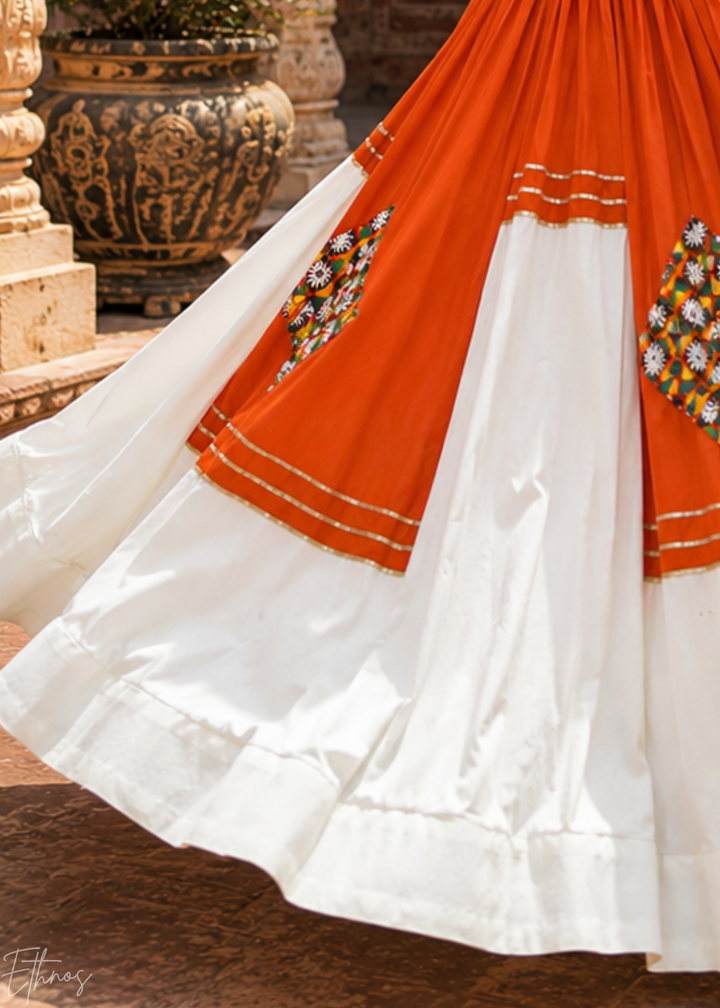 Tangerine Orange and White Patched Mirror Work Rayon Lehenga Choli
