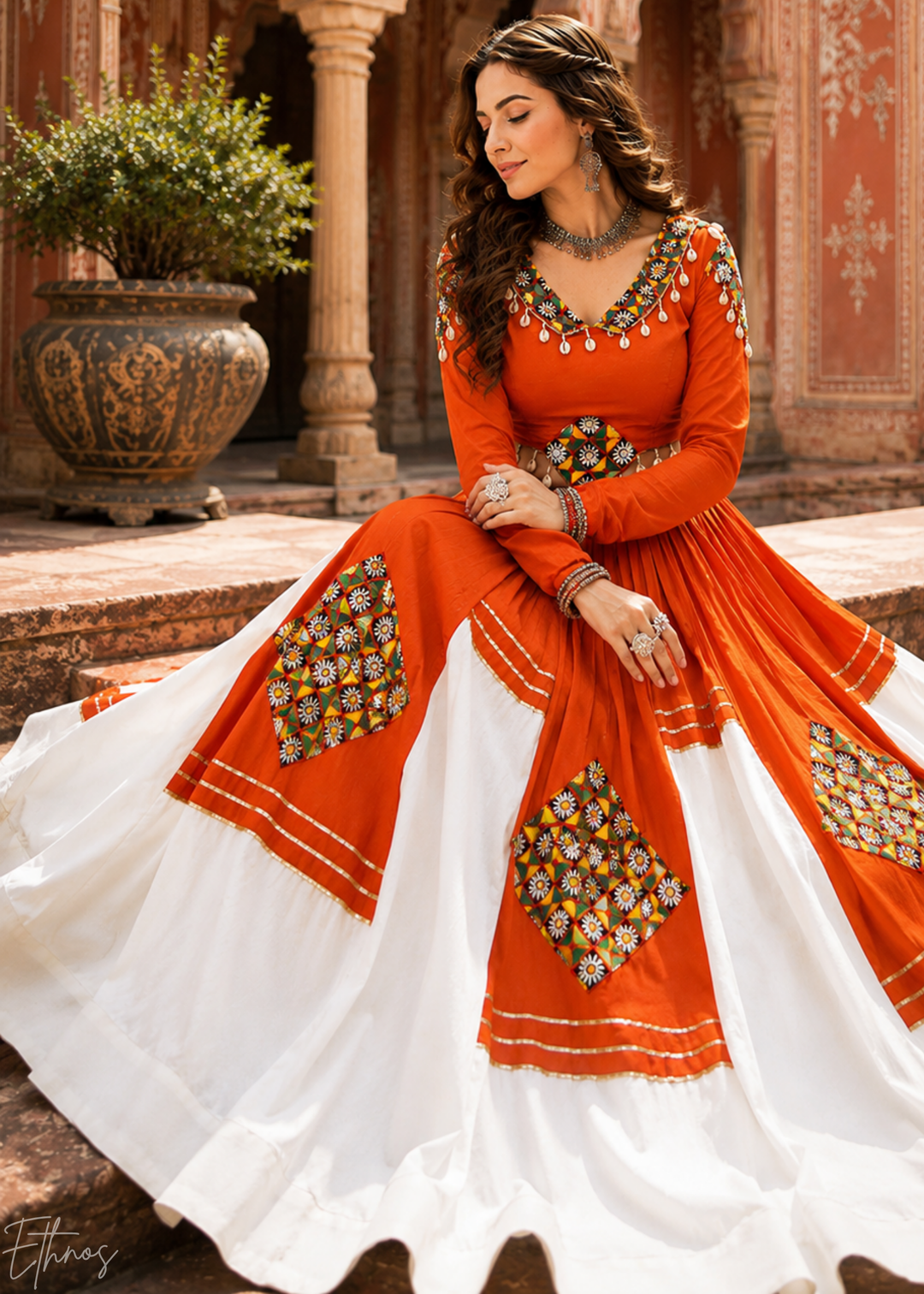 Tangerine Orange and White Patched Mirror Work Rayon Lehenga Choli