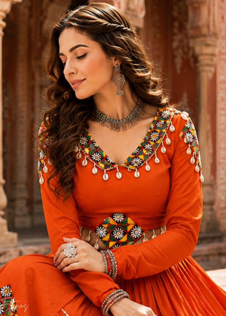 Tangerine Orange and White Patched Mirror Work Rayon Lehenga Choli