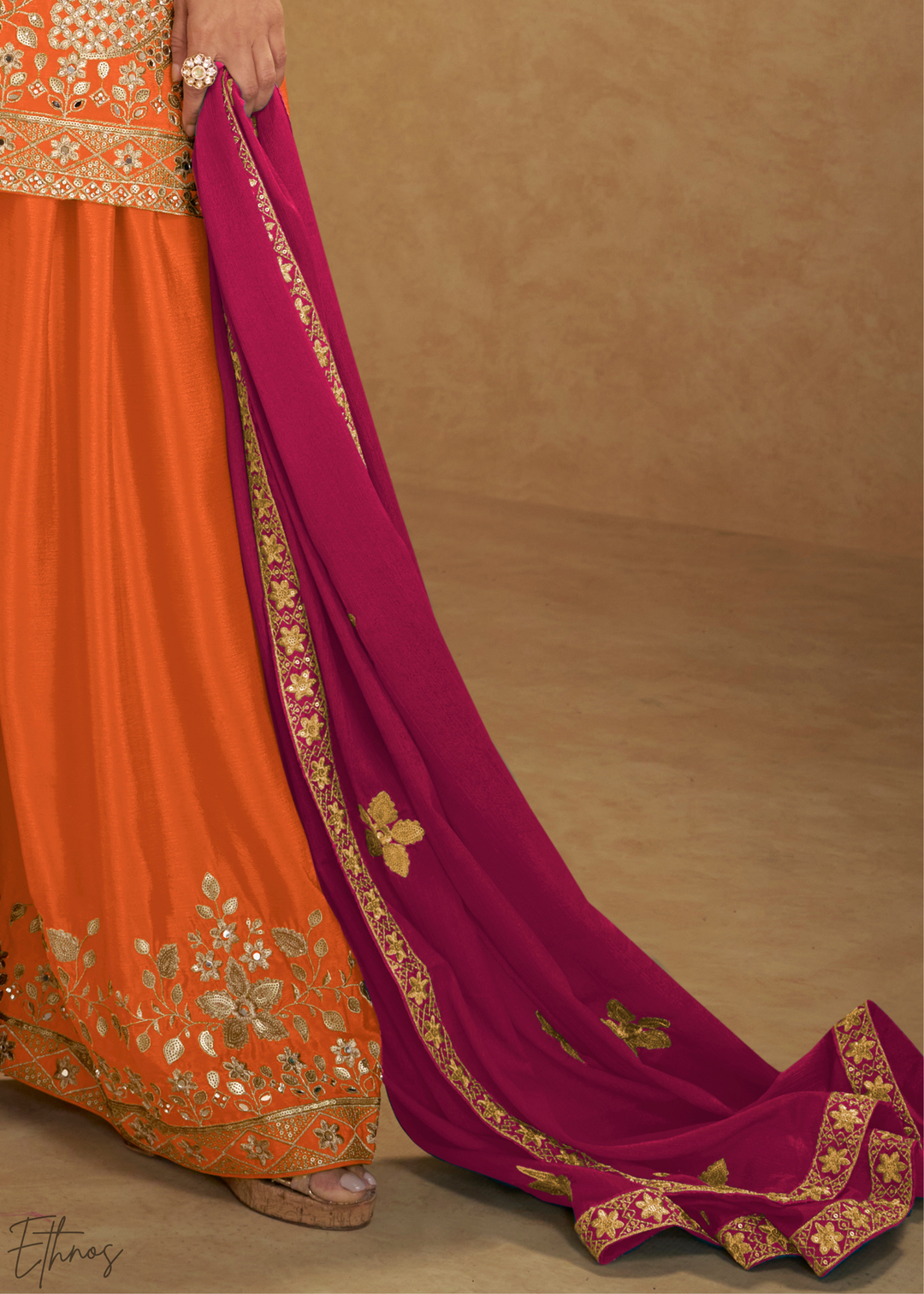 Tangerine Zari-Bloom Chinon Sharara Suit