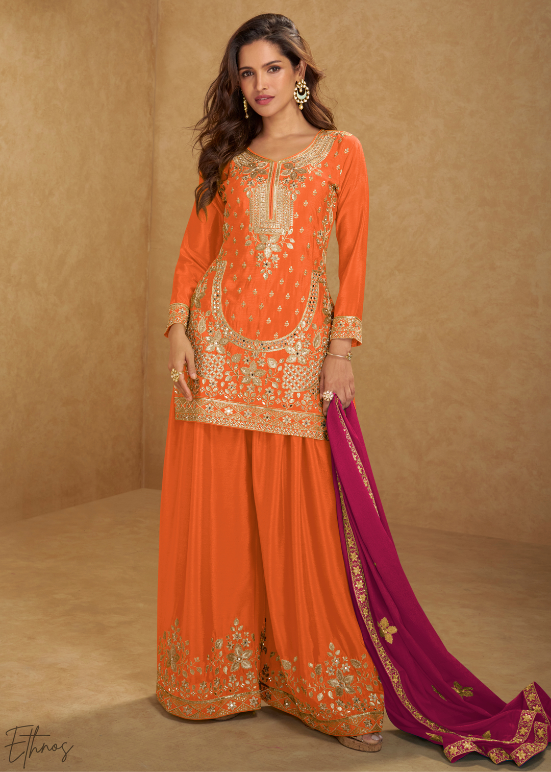 Tangerine Zari-Bloom Chinon Sharara Suit