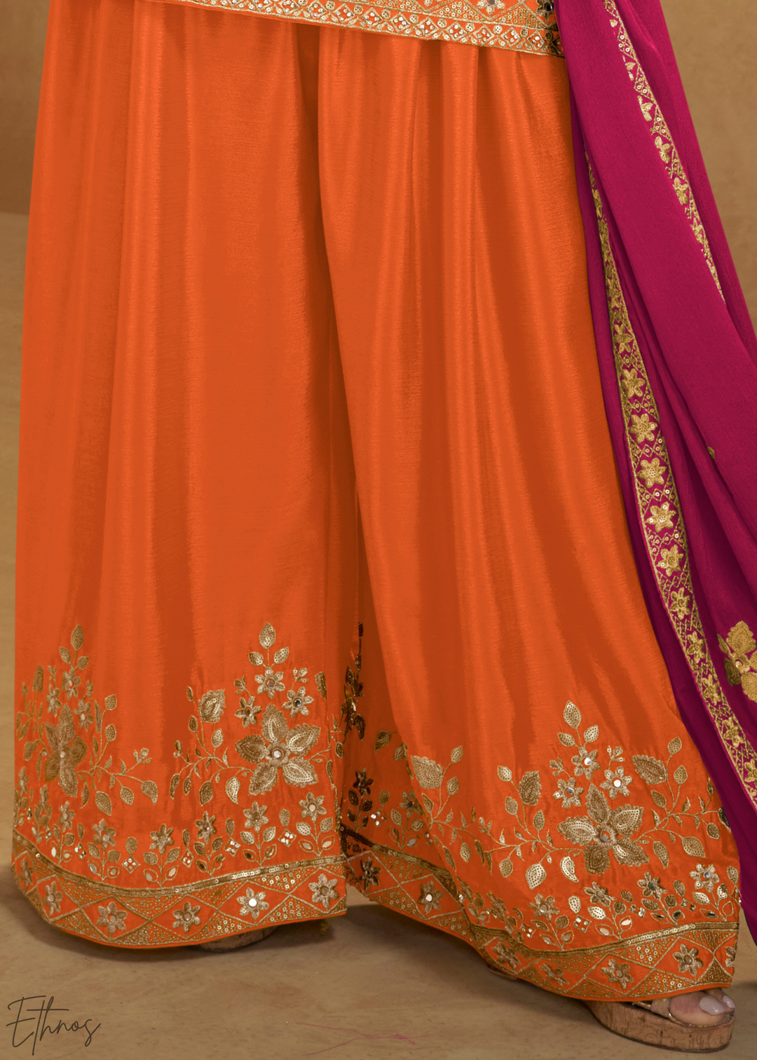 Tangerine Zari-Bloom Chinon Sharara Suit
