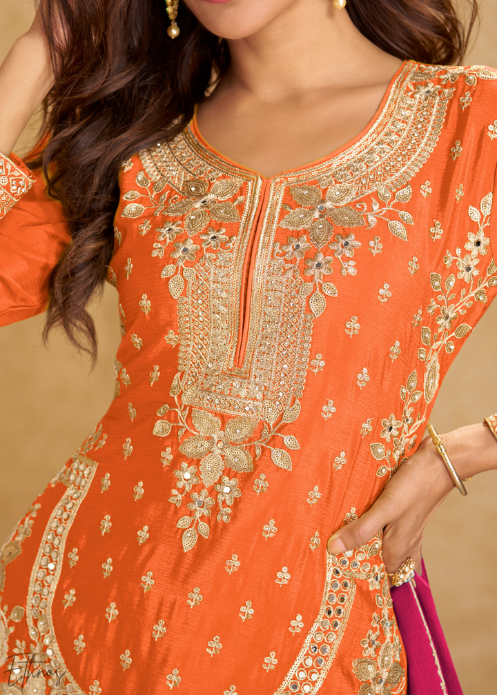 Tangerine Zari-Bloom Chinon Sharara Suit