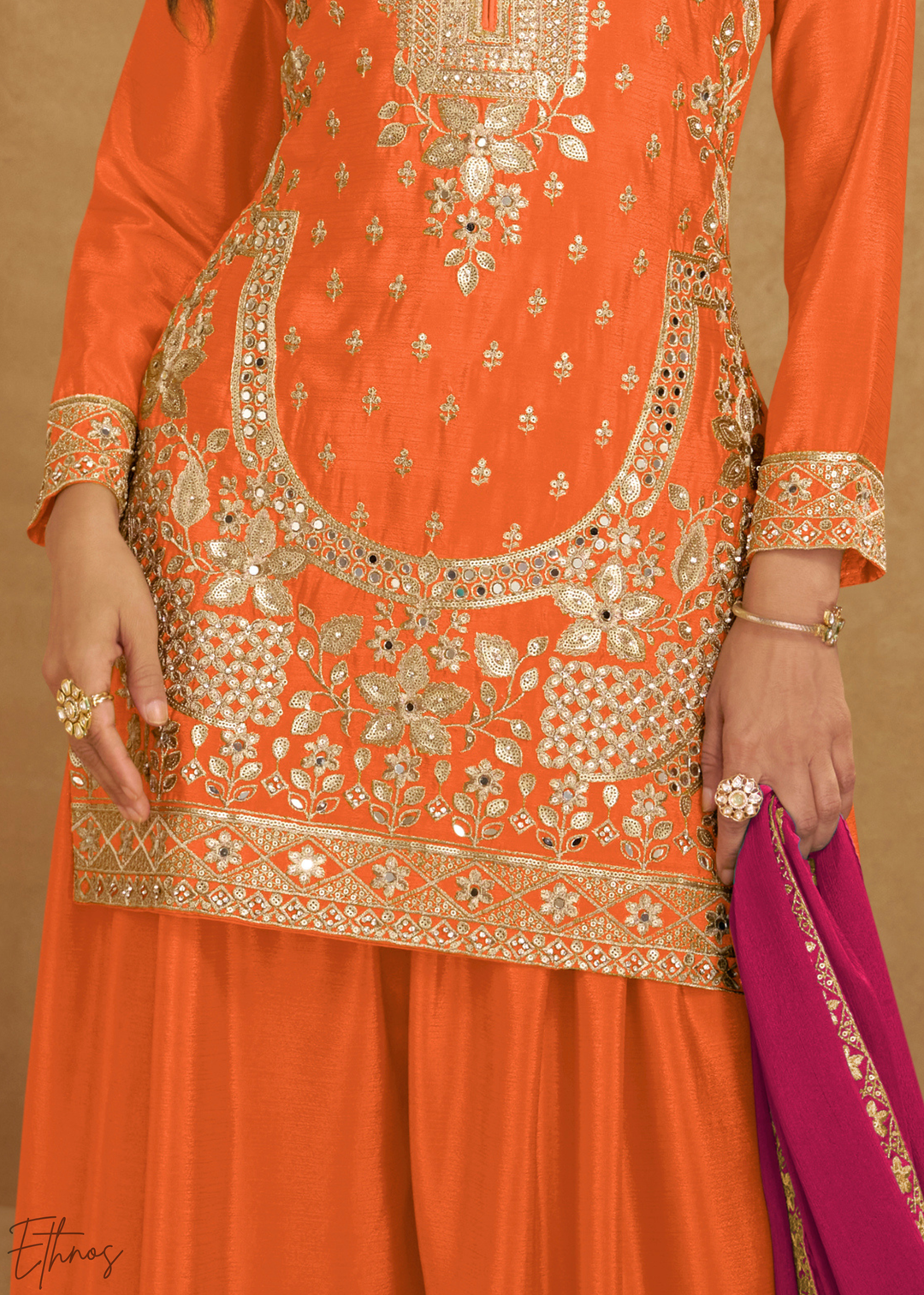 Tangerine Zari-Bloom Chinon Sharara Suit