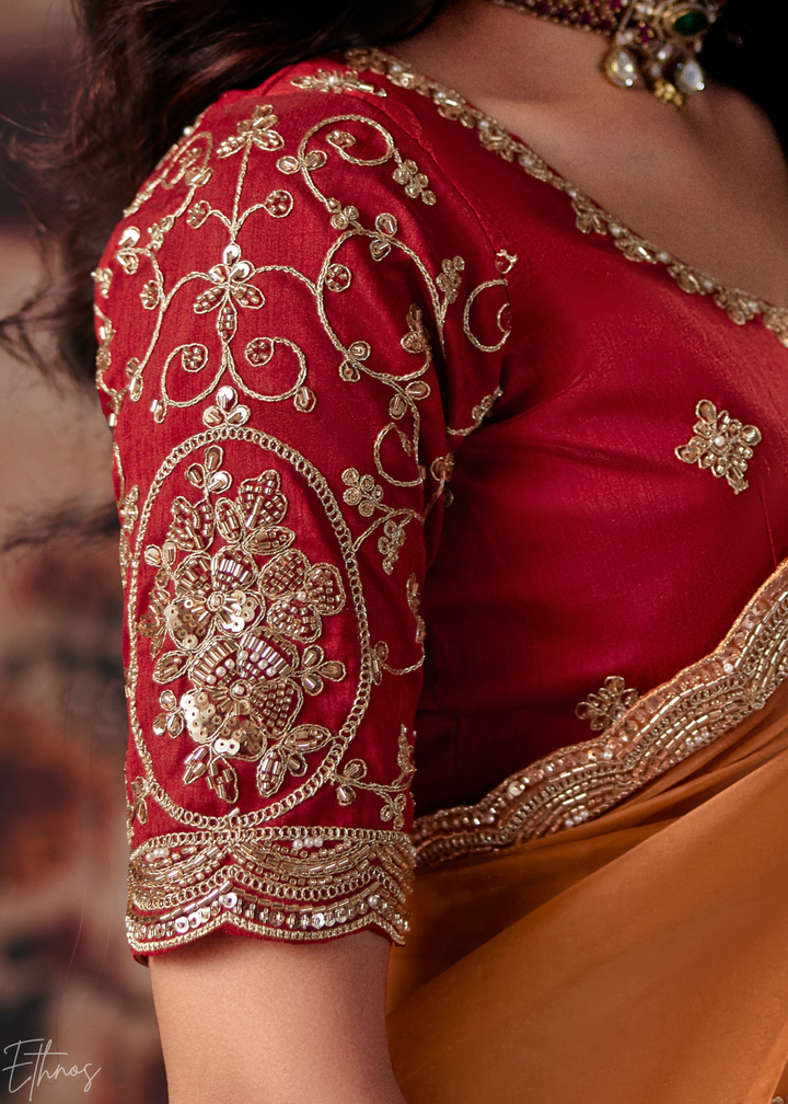 Tangerine Orange Border Detail Organza Saree