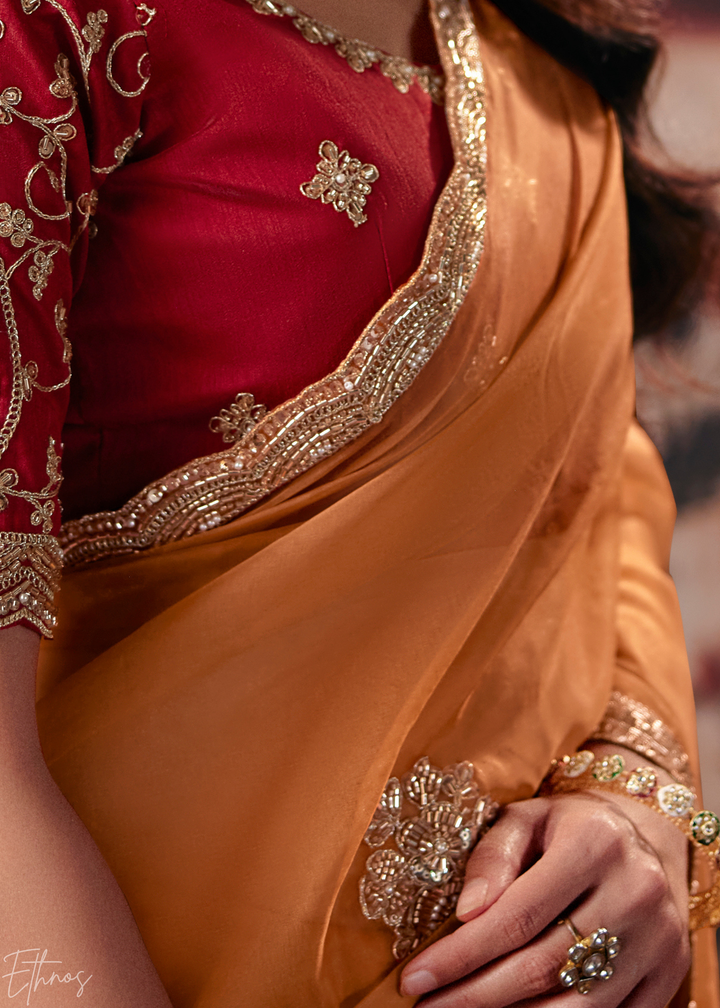 Tangerine Orange Border Detail Organza Saree