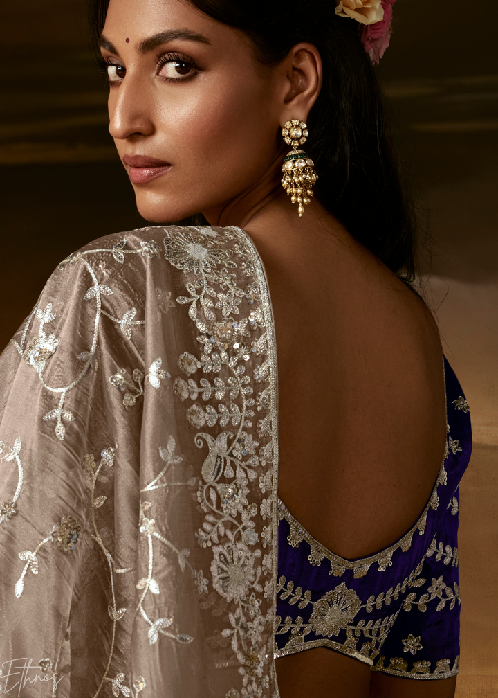 Taupe Beige Cutwork Scallop Border Organza Saree