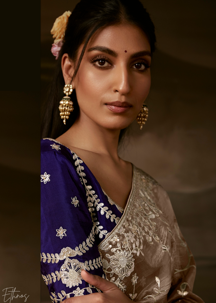 Taupe Beige Cutwork Scallop Border Organza Saree