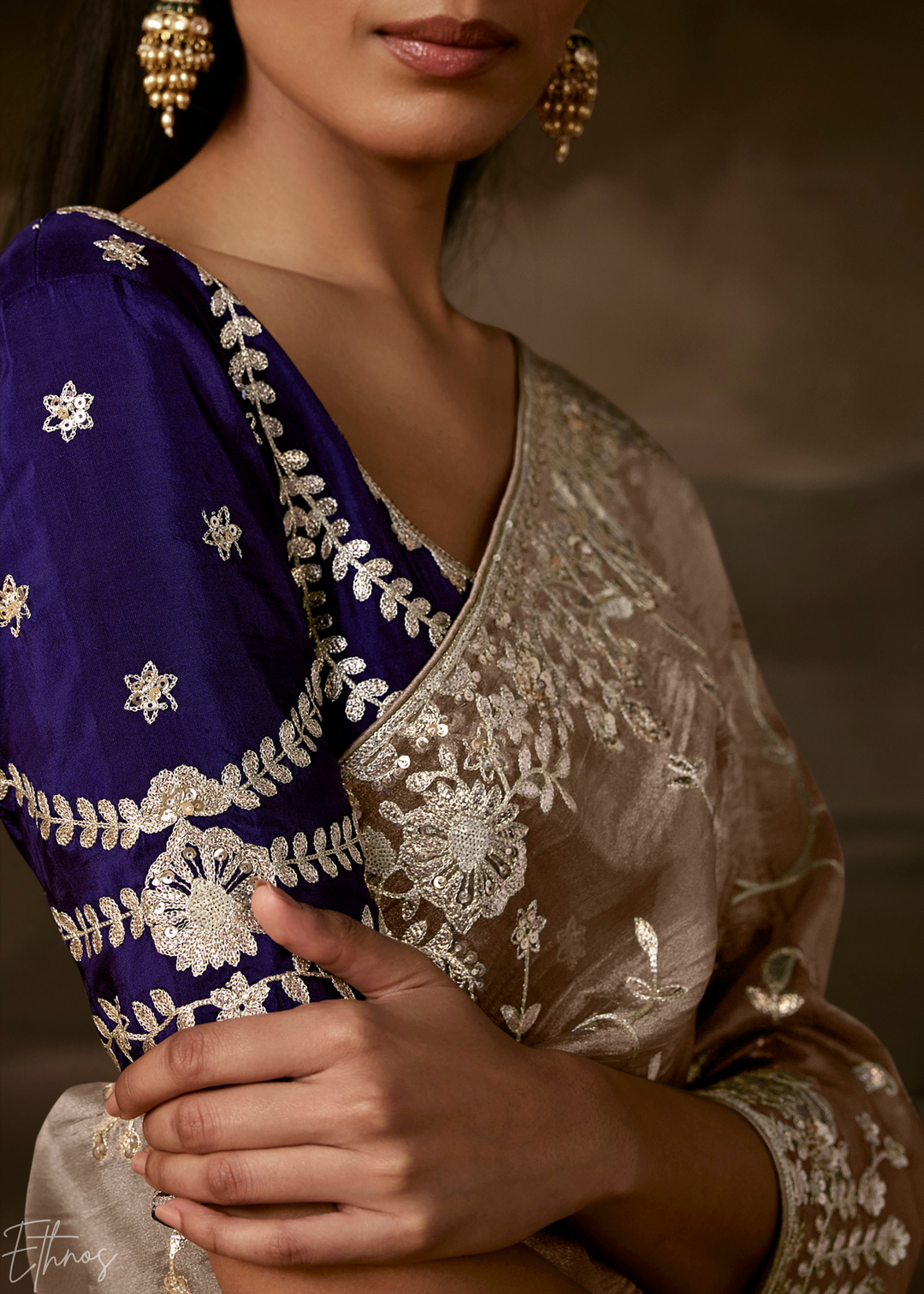 Taupe Beige Cutwork Scallop Border Organza Saree