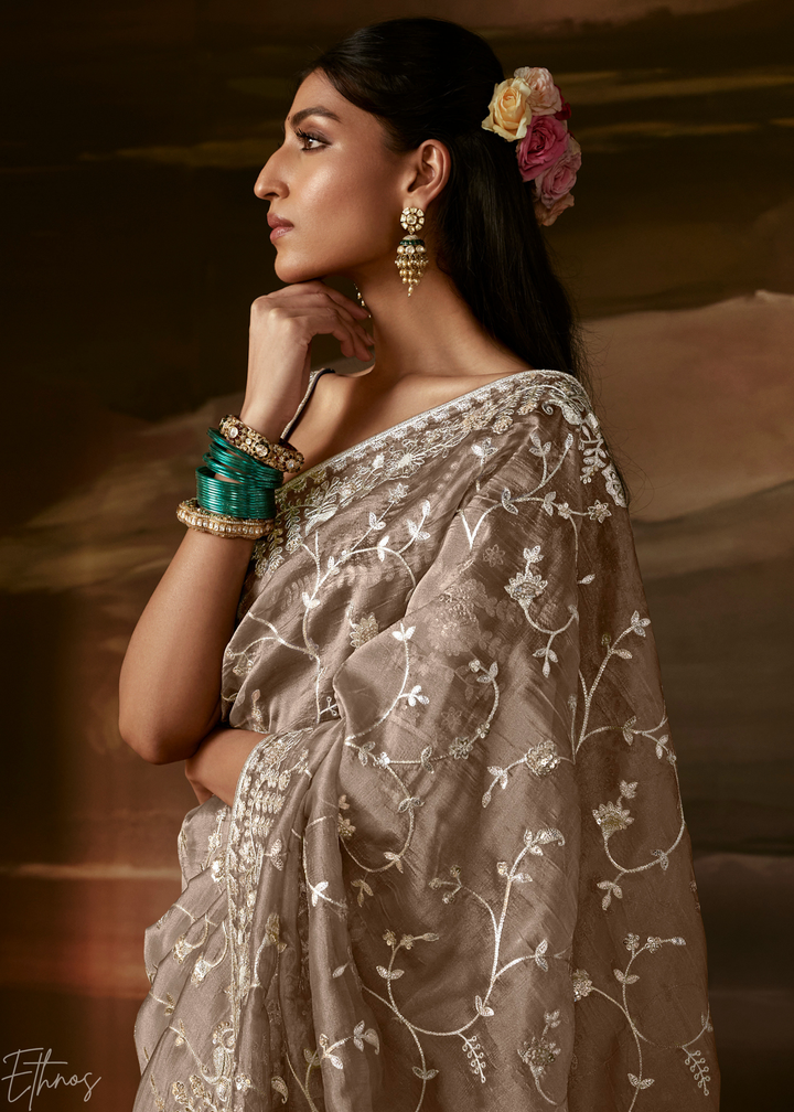 Taupe Beige Cutwork Scallop Border Organza Saree