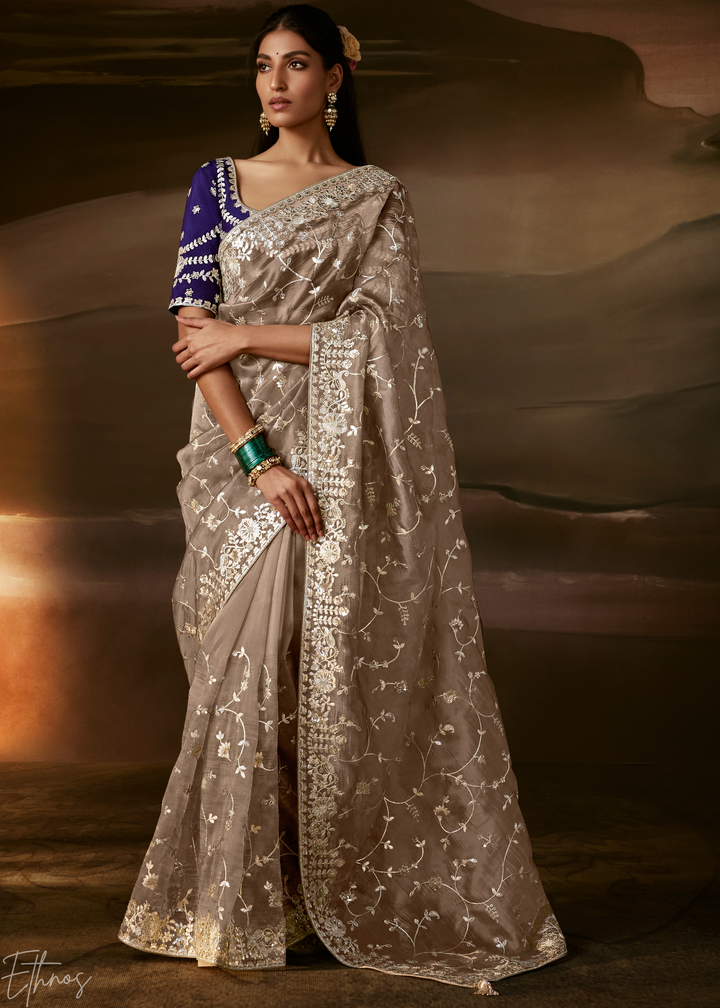 Taupe Beige Cutwork Scallop Border Organza Saree