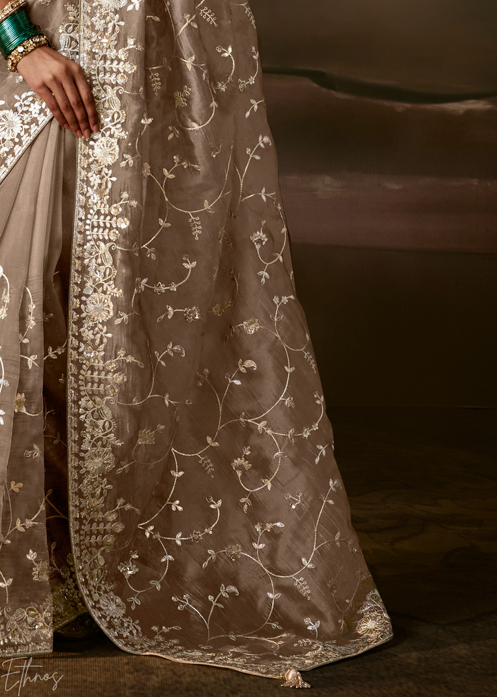 Taupe Beige Cutwork Scallop Border Organza Saree