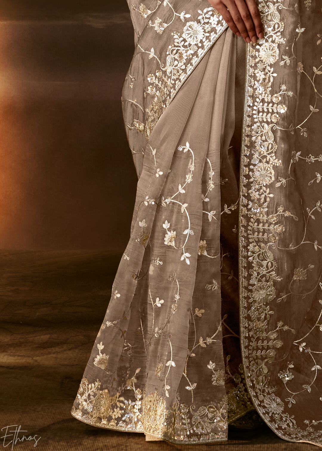 Taupe Beige Cutwork Scallop Border Organza Saree